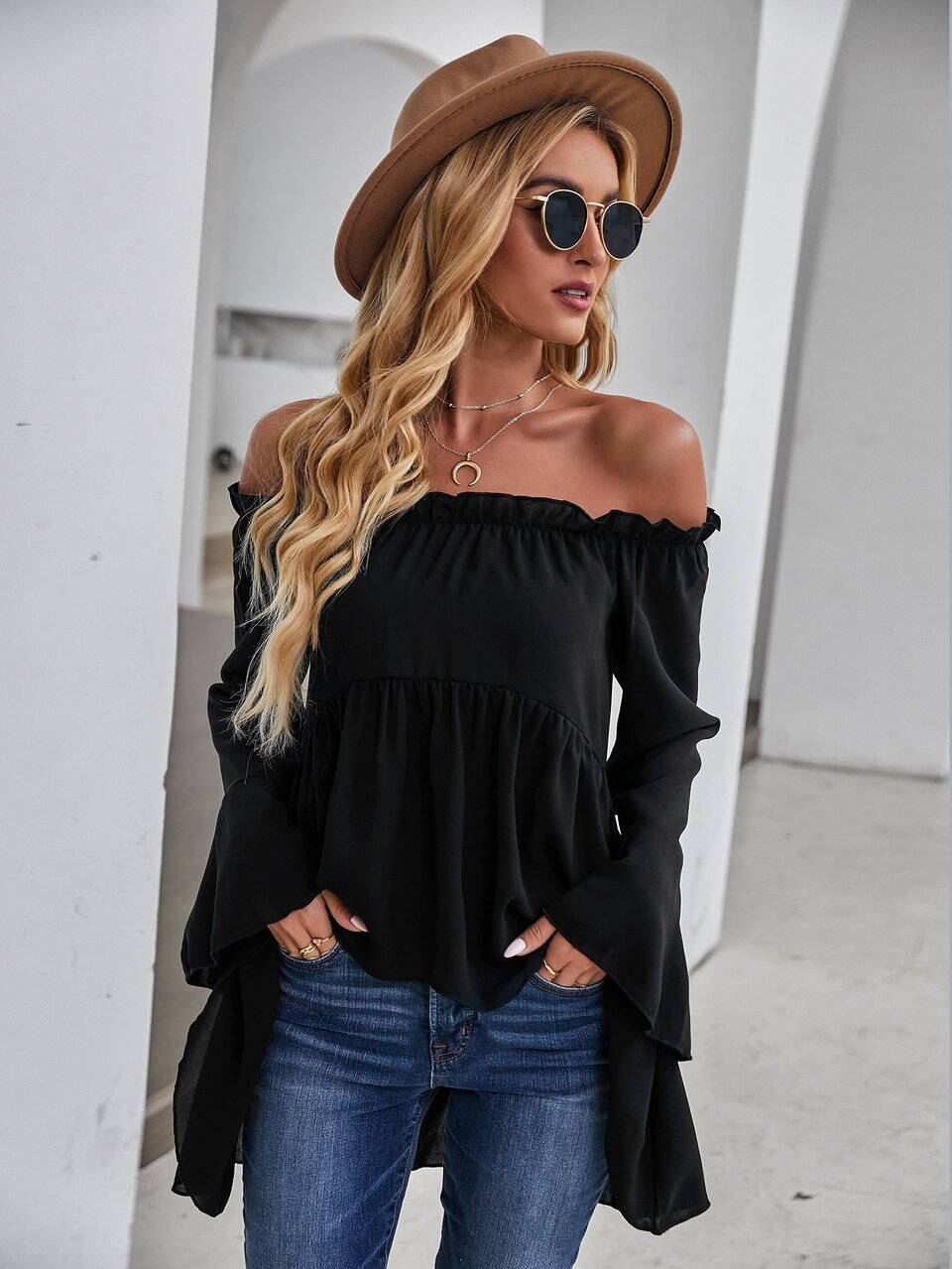Off-Shoulder Flounce Sleeve High Low Blouse Peplum Top Fall Cloth For Women