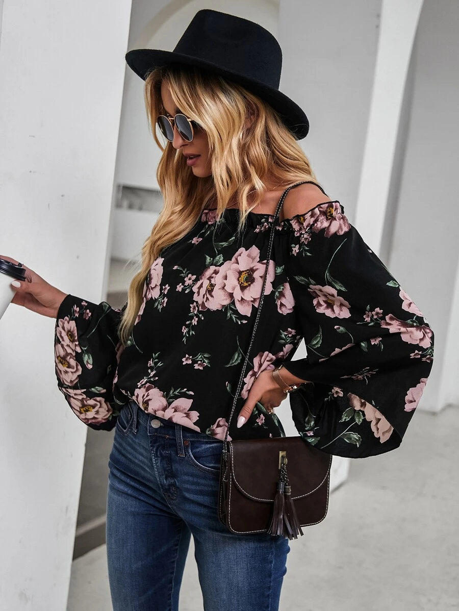 SHEIN LUNE 花卉圖案鐘形袖一字肩襯衫 - 彩色 - 查看 1