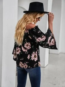 SHEIN LUNE 花卉圖案鐘形袖一字肩襯衫 - 彩色 - 查看 2