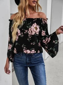 SHEIN LUNE 花卉圖案鐘形袖一字肩襯衫 - 彩色 - 查看 4