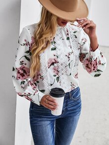 Áo sơ mi nữ Tương phản ren Hoa Boho - Nhiều màu - Xem 3