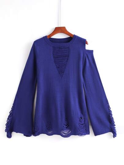 PUNK Ripped Flounce Sleeve Cut Out Sweater Knit Pullover Fall Winter Outfit