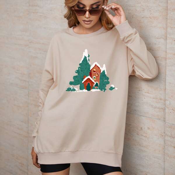 

Christmas Print Drop Shoulder Sweatshirt, Apricot