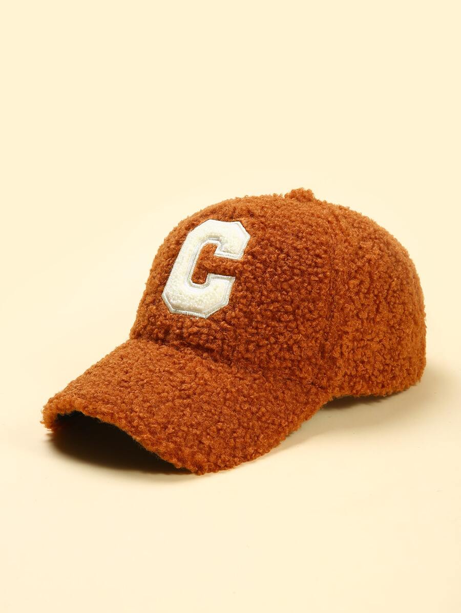 带刺绣字母的保暖内衬棒球帽，头围可调节，冬季保暖户外运动帽 - 棕色 - 查看 1