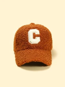 带刺绣字母的保暖内衬棒球帽，头围可调节，冬季保暖户外运动帽 - 棕色 - 查看 2