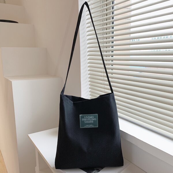

Patch Decor Shoulder Bucket Bag, Black