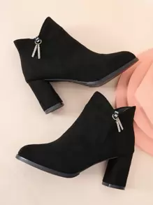 Black Faux Suede Rhinestone Decor Side Zip Chunky Heeled Booties For Women Valentines - Black - View 1