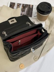 Quilted Twist Lock Chain Square Bag - Black - View 8