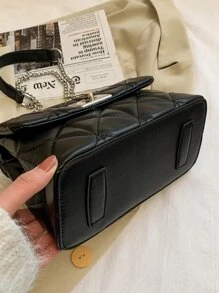 Quilted Twist Lock Chain Square Bag - Black - View 5