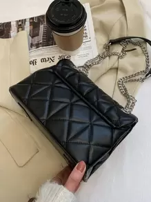 Quilted Twist Lock Chain Square Bag - Black - View 6