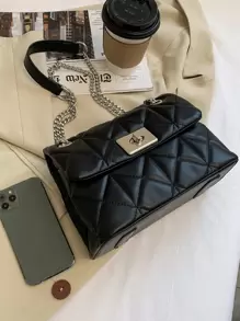 Quilted Twist Lock Chain Square Bag - Black - View 7