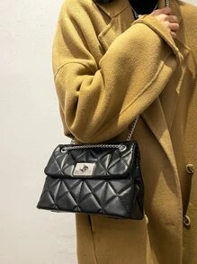 Quilted Twist Lock Chain Square Bag - Black - View 3
