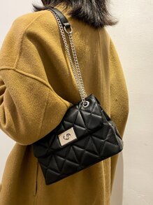 Quilted Twist Lock Chain Square Bag - Black - View 9