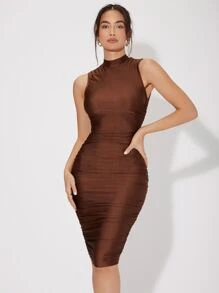 SHEIN Belle 小高領側收褶緊身連衣裙 - 咖啡棕 - 查看 2