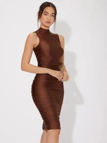 SHEIN Belle 小高領側收褶緊身連衣裙 - 咖啡棕 - 查看 1