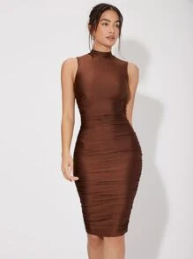SHEIN Belle 小高領側收褶緊身連衣裙 - 咖啡棕 - 查看 5