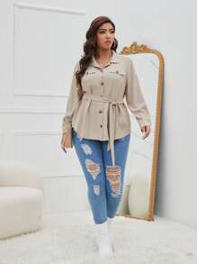 SHEIN LUNE Hơn Áo sơ mi Chi tiết về Flap Thắt lưng - Màu be - Xem 4