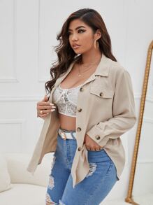 SHEIN LUNE Hơn Áo sơ mi Chi tiết về Flap Thắt lưng - Màu be - Xem 6