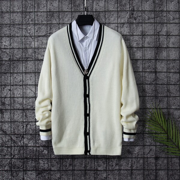 

Men Striped Trim Cardigan Without Shirt, Beige