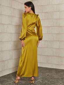 Double Crazy Đầm Bất đối xứng Chia Trọn gói Dây kéo màu trơn Hấp dẫn - Màu Mù tạt vàng - Xem 2