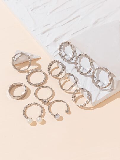 12pcs Fashionable Pearl Twisted & Stackable Spin Top Ring Set For Date