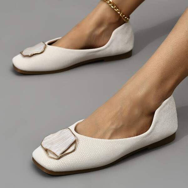 

Metal Decor Square Toe Flats, Beige