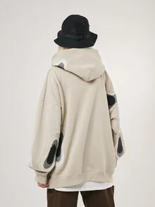 落肩袖補丁細節連帽衫 - 卡其色 - 查看 2