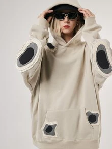 落肩袖補丁細節連帽衫 - 卡其色 - 查看 4