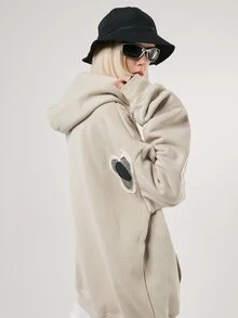 落肩袖補丁細節連帽衫 - 卡其色 - 查看 5