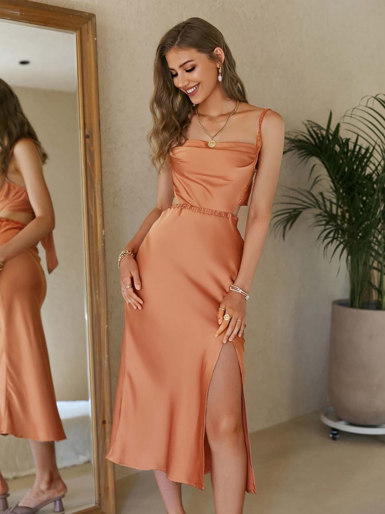 Simplee Vestido de tirantes con abertura de espalda abierta con cordón de muslo con abertura de satén - Naranja - Añade 1