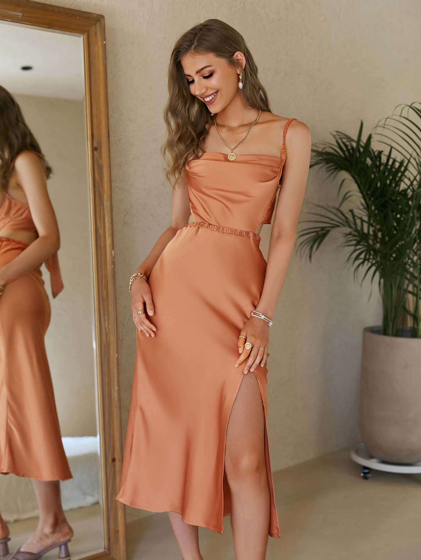 Simplee Cut Out Tie Backless Split Thigh Satin Cami Dress - Orange - View 1