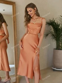 Simplee Cut Out Tie Backless Split Thigh Satin Cami Dress