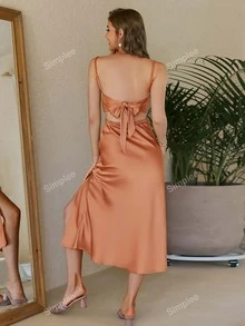 Simplee Cut Out Tie Backless Split Thigh Satin Cami Dress
