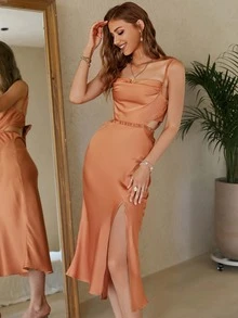 Simplee Cut Out Tie Backless Split Thigh Satin Cami Dress - Orange - View 5