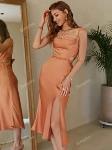 Simplee Cut Out Tie Backless Split Thigh Satin Cami Dress