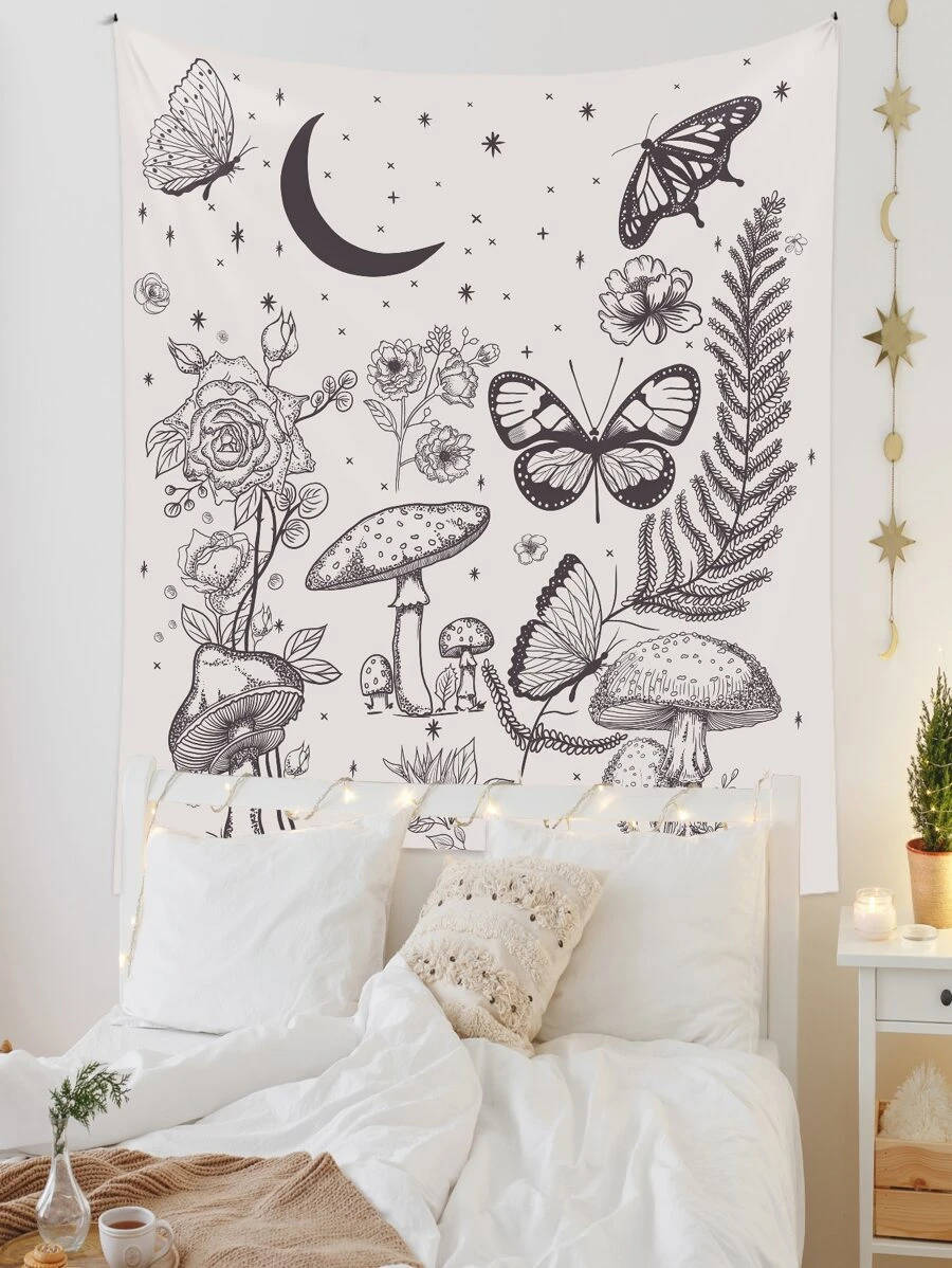 Butterfly & Flower Print Tapestry - Multicolor - View 1