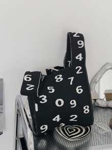 Letter Graphic Crochet Bag - Black and White - View 1