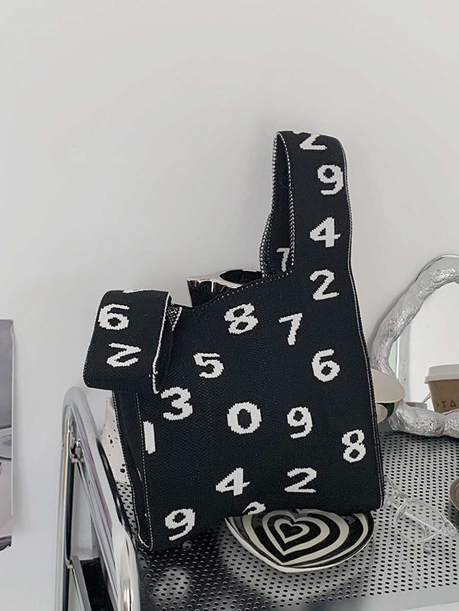 Letter Graphic Crochet Bag - Black and White - View 1