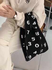 Letter Graphic Crochet Bag - Black and White - View 6