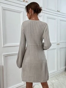 Ribbed Knit Jumper Dress Without Belt - Grey - View 2