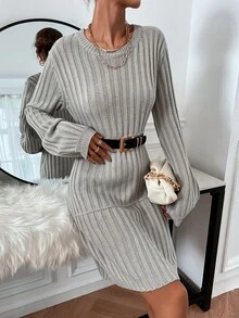 Ribbed Knit Jumper Dress Without Belt - Grey - View 7