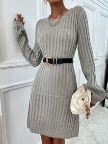 Ribbed Knit Jumper Dress Without Belt - Grey - View 3