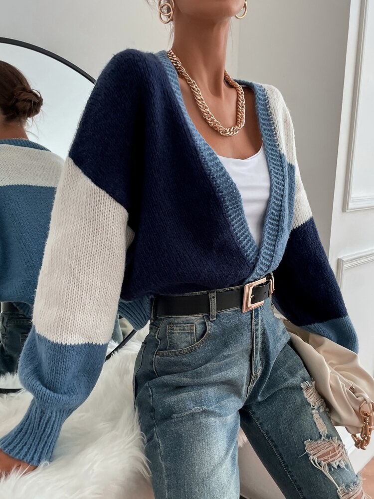 Color Block Drop Shoulder Cardigan Fall Winter Cloth For Women