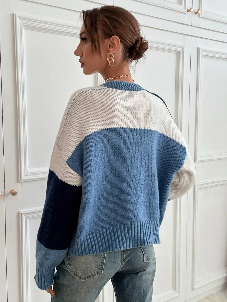 Color Block Drop Shoulder Cardigan Fall Winter Cloth For Women