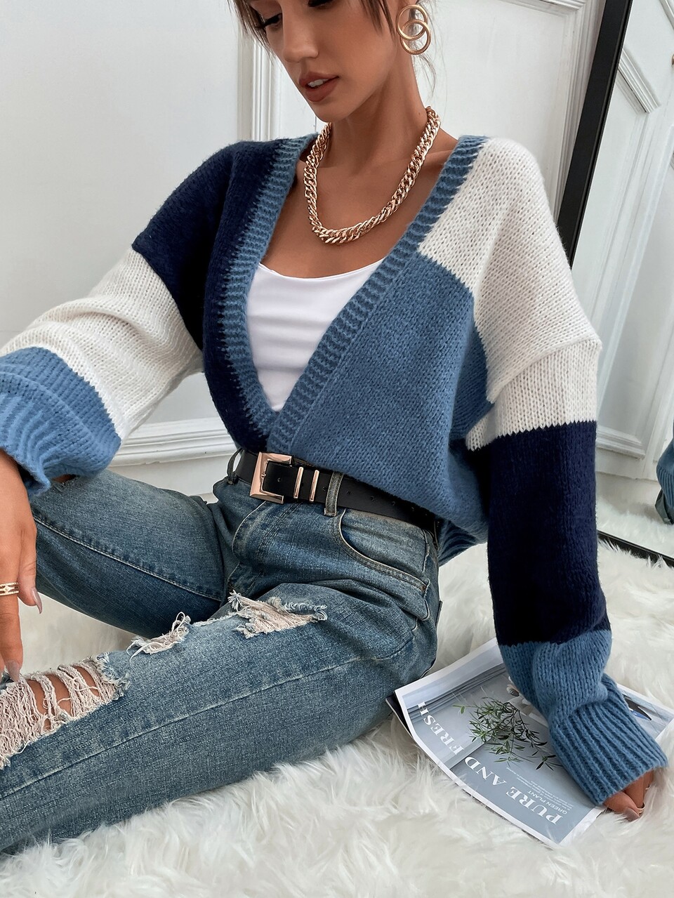 Color Block Drop Shoulder Cardigan Fall Winter Cloth For Women