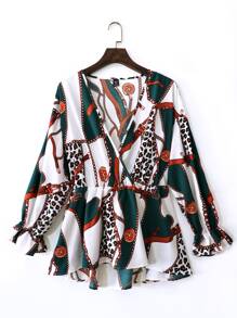 SHEIN LUNE Plus All Over Print Flounce Sleeve Blouse - Multicolor - View 1
