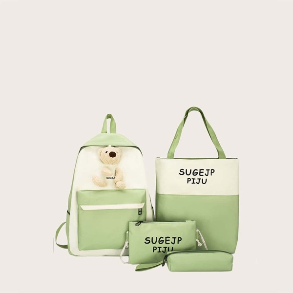 

4pcs Girls Colorblock Letter Graphic Doll Decor Backpack Set, Green