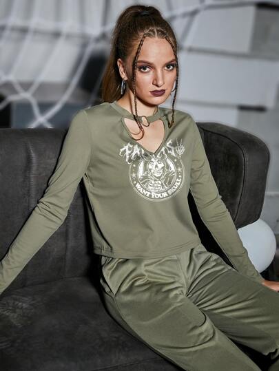 PUNK 骷髏和標語圖案鏤空T恤