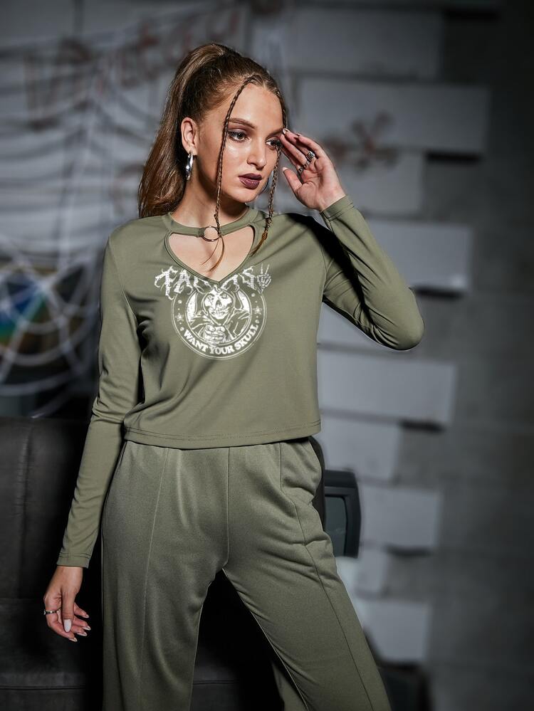 PUNK Skull & Slogan Graphic Cut Out Tee - Army Green - View 4