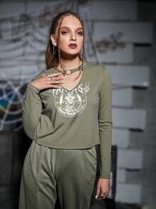 PUNK Camiseta con abertura con estampado de cráneo y slogan - Verde militar - Ver 5